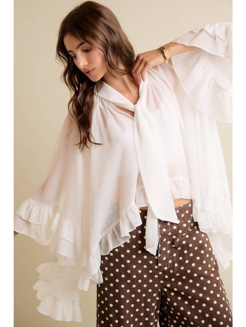 SM223 | Sheer Ruffle Bell Sleeve Bow Tie Blouse